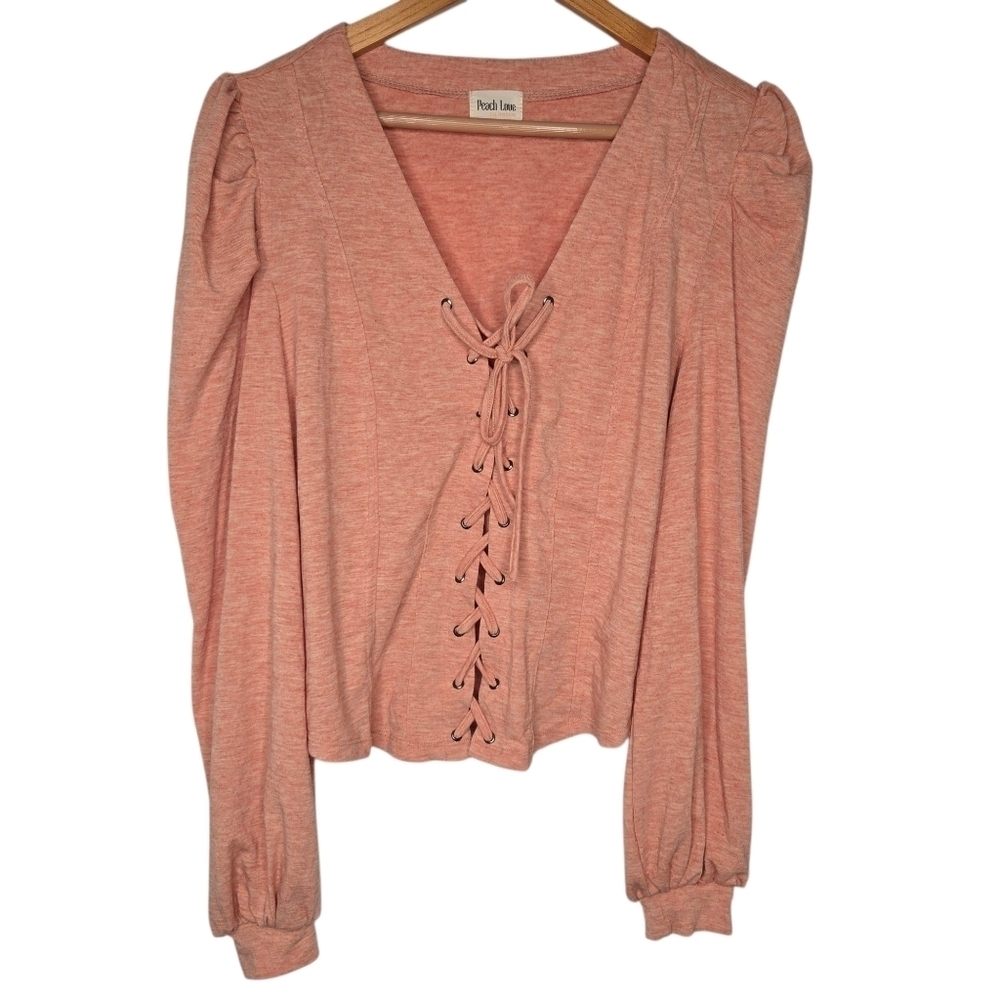 Peach Love Womens Peach Lace Up Front Puff Sleeve Corset Style Top Size Large